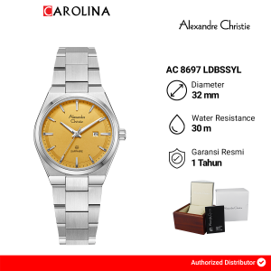 Jam Tangan Wanita Alexandre Christie Classic AC 8697 LDBSSYL Yellow Dial Silver Stainless Steel Strap