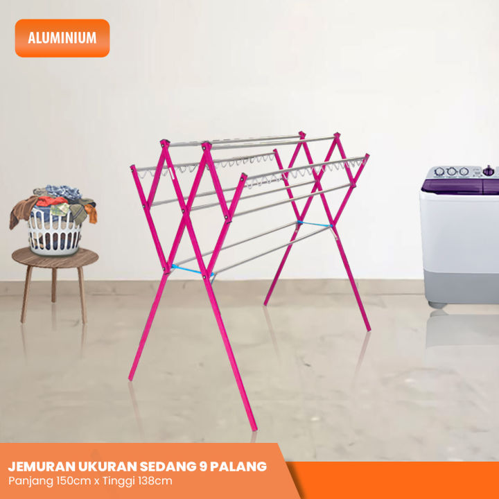 Jemuran Pakaian Baju Besar Aluminium 9 Palang Panjang 150cm x  Tinggi 138cm