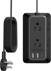 Flat Plug Power Strip with 6 Outlets & 3 USB Ports (1USB C) Black Extension Cord 3 Side Outlet Extender 5FT Wall Mounted Extension Cord for Home Office Living Room