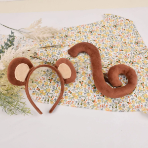 Monkey Ears Headband and Tail Animal Monkey Cosplay Costume for Kid Adult Halloween Birthday Party Stage Performance