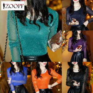ZOOPF Women Fashion T-shirts Round Neck Long Sleeve Shiny Mesh Party Blouses Tops