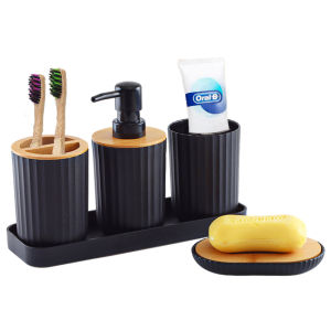 5ชิ้นชุดอุปกรณ์ห้องน้ำไม้ไผ่ชุดอุปกรณ์ห้องน้ำชุดห้องน้ำหัวปั๊มโลชั่นที่วางแปรงสีฟันถ้วยจานรองสบู่แชสซี