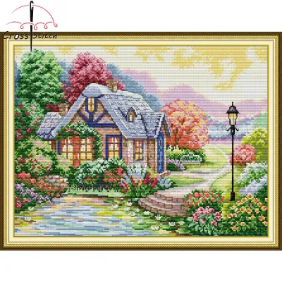 Cross Stitch Complete Set Sweet Home Scenery Printed Unprinted Aida Fabric Canvas 11CT 14CT Stamped Counted Cloth Simple For KIds Beginner Small Size Lover Gift DIY Needlework Handmade Embroidery Home Room Decor Sewing Kit