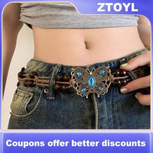 【ZTOYL】 Bohemian Style Butterfly Water Woven Ethnic Style Wooden Bead Womens Belt Casual Vacation Style Waist Rope