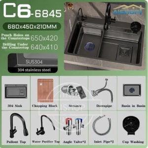 [SG Stock] Local Warranty 304 Stainless Steel Nano Kitchen Sink Single Basin Bowl With Pullout Faucet TapFast shipping