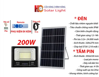 Đèn pha năng lượng mặt trời 100W 200W 300W & 500W Vỏ nhôm Tấm pin rời Ánh sáng trắng Báo pin ngoài