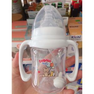 Bình sữa cổ rộng 240ml Dophin cho bé núm vú siêu mềm chống sặc chống đầy hơi (không BPA) tặng kèm 1 bàn chải trẻ em (bé bú được mọi tư thế)