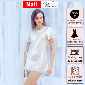 Đầm ngủ phi lụa Wannabe DNS08 cổ tim phối ren hoa nữ tính nhẹ nhàng