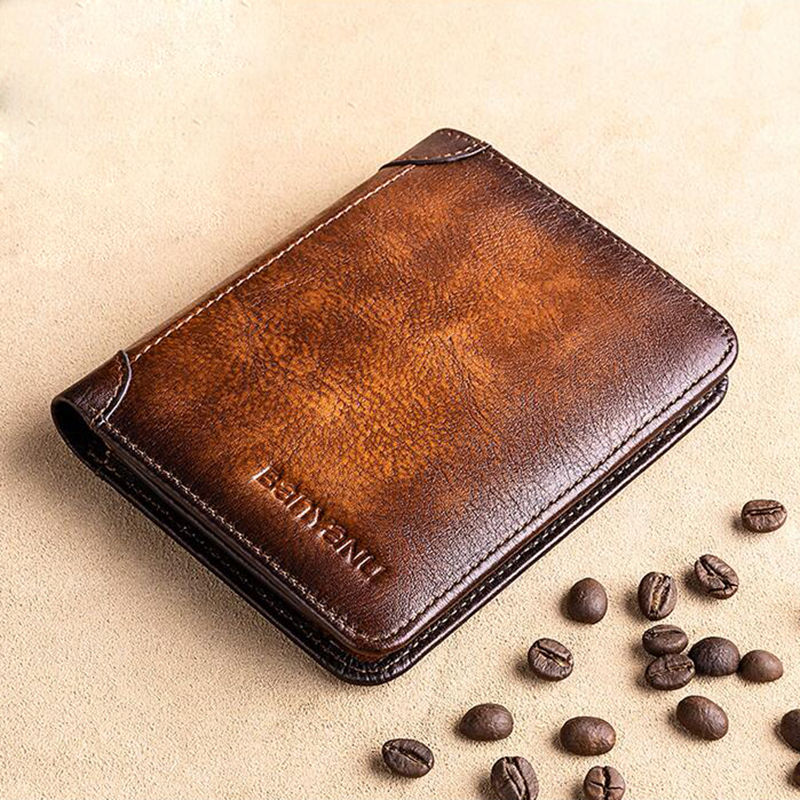 BANYANU Vintage Style Genuine Cow Leather Credit Card Holder Three Folding RFID Protective Wallet For Men. 