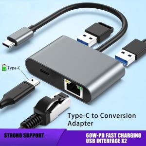 1000Mbps USB C Ethernet Adapter Type C PD60W Charging Port with 2 USB Port for Laptop and PC with Gigabit Networking
