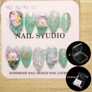 100% Handmade Short Almond Shape Gradient Green Cute Chicken Milk Bottle Fake Nail Set With Glue & Bowknot Diamond Press On Nails Reusable And Removable