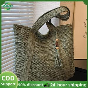 【HOSPORT】Hand-Woven Handbags Summer Straw Woven Bag Fashion Handmade Simple Large Capacity with Tassel Pendant Shopping Handbag Tote【1-3 days delivery】