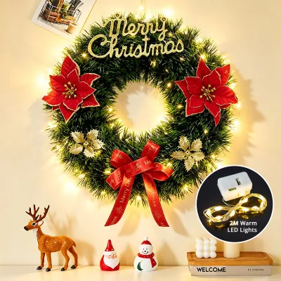 Christmas Wreath With Lights Artificial Pine Wreaths With Bowknot Ornaments Flower Christmas Wreath Garland For Home Door Xmas Tree Wall Fireplace Decoration Party Needs
