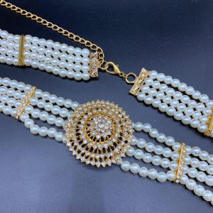 March jewelry เครื่องประดับไทยโบราณเข็มขัดมุกแฟชั่นเข็มขัดดอกไม้ถักโซ่มุกสีทองไม่ยืดหยุ่นปรับได้ความยาว 28 ~ 35 นิ้ว