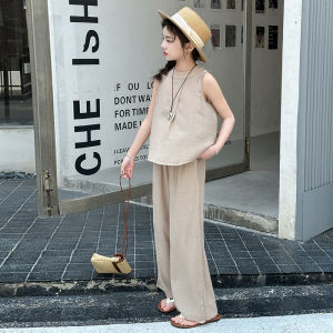 Teenage Girls Summer Clothes Khaki Sleeveless Vest + Wide Leg Pants Two-Pieces Sets New Korean Style Beach Suit Children Outfits h260702