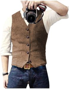 Mens Casual Classic Suit Vest V Neck Herringbone Tweed Slim Fit Business Waistcoat For Wedding2026