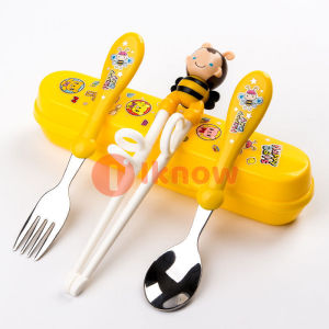 I Know ตะเกียบชุดสำหรับเด็กและผู้เริ่มต้นตะเกียบช้อนส้อมและเคสตะเกียบสำหรับเรียนรู้แบบนำกลับมาใช้ใหม่ได้พร้อมตะเกียบที่ติดได้ช่วยเรียนรู้ตะเกียบที่จับด้านขวาเท่านั้น