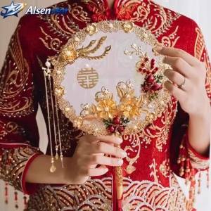 Sacesr Antique Chinese Wedding Decor Fans For Bride Gold Red Bridesmaid Handheld Hanfu Decor Fan Dragon Phoenix Flower Palace Fan T2Y7B