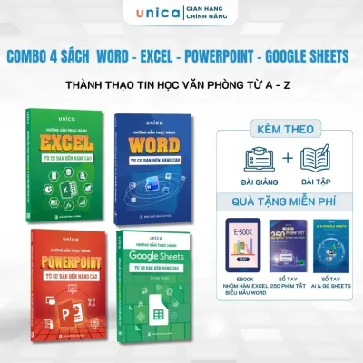 Combo 4 Sách Word - Excel - Powerpoint - Google Sheets Unica Từ Cơ Bản Đến Nâng Cao Kèm Khoá Học Online