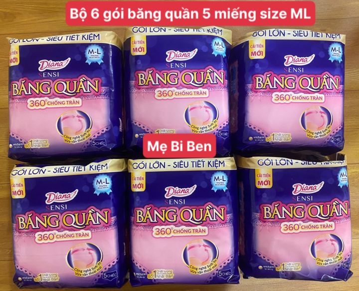 [Bộ 6 gói 5 miếng] Băng Vệ Sinh Ban Đêm Dạng Quần Diana Size M-L/5 Miếng - Chính Hãng Gói Lớn Tiết Kiệm