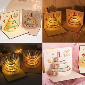City Goods 1pc 3D Pop-Up Birthday Card Warm LED Light Birthday Cake Music Happy Birthday Card Postcard