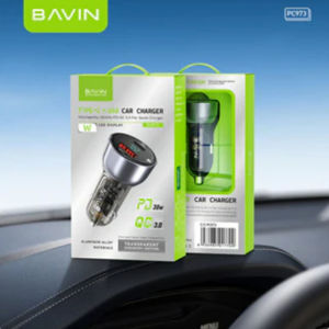 Bavin PC973 30W Car Charger | PD + QC3.0 Fast Charging | Dual Port (Type-C + USB) | LED Display | Aluminum Alloy | Compatible with iPhone & Android