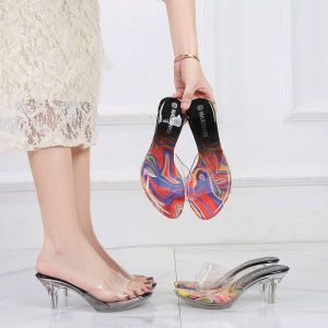 YUCHEN New Arrived 2.56 inches Mules for Women Crystal With Heels Sandals Laydis Stiletto Clean Transparent High Heeled Slippers Shoes Size 35 - 41