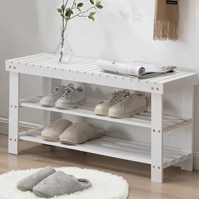 White Bamboo Shoe Rack Bench/Seat Wearing Taking off Shoe Organizer Waterproof Strong Durable Household/Rainbow Culture