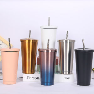 SIMHOME 500ml 304 Stainless Steel Tumbler With Lid And Straw Double Layer Insulated Coffee Mug Cawan Tahan Sejuk Dan Panas 不锈钢吸管杯冰霸杯保温杯