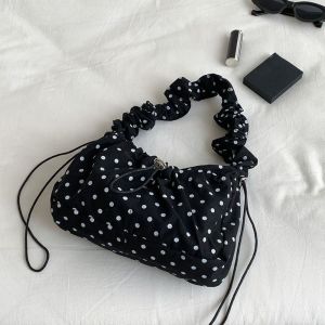 Women Polka Dot Underarm Bag Large Capacity Crossbody Bag Retro Drawstring Pleated Dumpling Bag for Outdoor Travel Clutch Purse