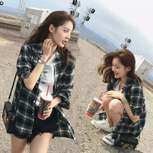 เสื้อเชิ้ตผู้หญิง YF040 ลายเสื้อสก็อต  สไตล์เกาหลีหลวม ๆ Yellow black orange