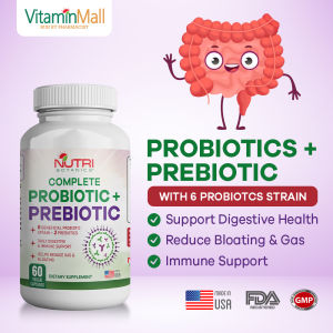 Nutri Botanics Complete Prebiotic + Probiotic Supplement – 60 Veggie Capsules – 6 Beneficial Probiotic + 2 Prebiotics – Digestive Health & Immune Support Reduce Bloating Stomach Gas