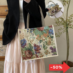 Belfoyer กระเป๋ามือพิมพ์ดอกไม้และพืช กระเป๋าผ้าลินินขนาดใหญ่ของผู้หญิง กระเป๋ามือการเดินทางสำหรับการทำงาน