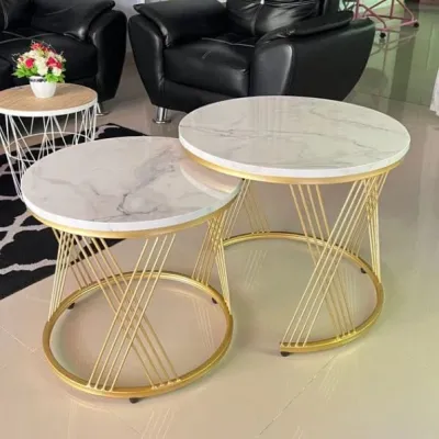 RJP FURNITURE Meja Industrial Besi Kayu Minimalis Sudut Ruang Tamu Modern Estetik - Nesting Golden Black Marble