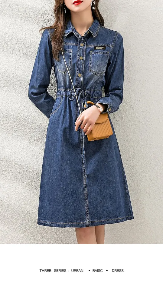 Woman Fashion Casual Long-sleeved Denim Polo Dress 2022 Fall New Korean  Version Female High Quality Simple All-matched Drawstring Waist-skimming  Thin A-line Dress for Office Working Women