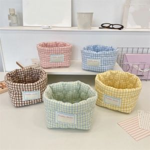YERZ Household Grid Fabric Storage Basket Washable Plaid Stripe Miscellaneous Storage Basket Minimalist Stackable Decorative Bins Desk Decoration