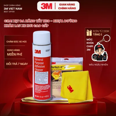 Smart combo Dung dịch tẩy keo nhựa đường 3M™ 08987 + Khăn lau xe hơi chuyên dụng 50400