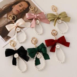 Key Bag Pendant Accessories Faux Pearl Bow Keychain Cute Beaded Bracelet Key Chain For Purse Bag Backpack Car Charm Ribbon