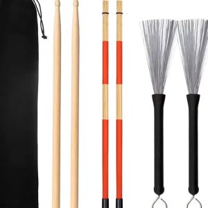 Professional Drum Stick Set with Retractable Steel Wire Brush Bamboo Brush Tone Comfort Grip