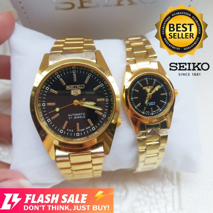 Couple Seiko Gold Black 5 21 Jewel Time Fashion Automatic Hand