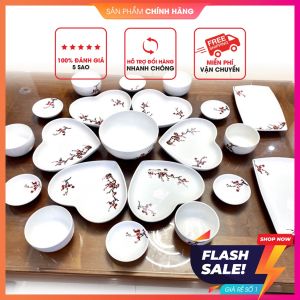 Bộ bát cúng gia tiên hoa đào Tết 21 món men sứ cao cấp