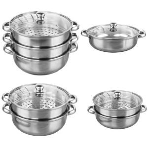 WILLOPI 1/2/3-Layer Vegetable Steamer Pan Set Transparent Stainless Steel Food Veg Cooker Pot Premium Stacktable Steaming Cookware Kitcken Cooking Tool