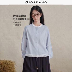 Giordano Women Striped lace hem long sleeve loose shirt Free Shipping 18346227