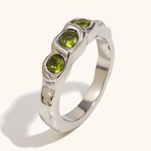 [fenggongshuode] New Vintage Style Three Green Zircon Ring Stainless Steel Simple Women Statement Finger Chic Jewelry Gift