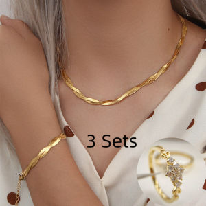 (2 Sets)24K Saudi Gold Pawnable Necklace for Women Original European and American Simple Geometric Cross Chain Clavicle Chain Love Single Layer Niche Design Necklace Buy 1 Take 1 Hypoallergenic Bracelet Women