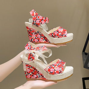 [Free Shipping] WomenS Wedge Sandals With Fruit Patterns High-Heeled Sandals New Spring/Summer Styles Featuring A One-Strap Design Fish-Mouth Opening And A Bow Detail