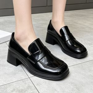 Womens Fashionable Round-Toe Black Shoes Non-Slip And Waterproof Rubber Material With A 5Cm High-Heeled Breathable For School And Work For Everyday Wear