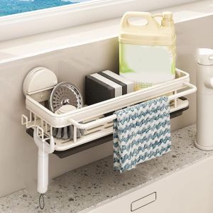 GAOSU อลูมิเนียมอวกาศ ที่วางฟองน้ำจานแบบถ้วยดูด อุปกรณ์ติดผนัง Punch Free ชั้นระบายน้ำสำหรับจัดเก็บผ้าขี้ริ้ว อเนกประสงค์อเนกประสงค์ กันน้ำกันน้ำได้ ชั้นวางขวดแชมพูสำหรับอาบน้ำ สำหรับบ้าน