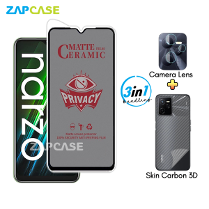 Paket 3in1 Anti Gores Layar Privasi Realme Narzo 50A Prime Free Tempered Glass Camera dan Skin Carbon