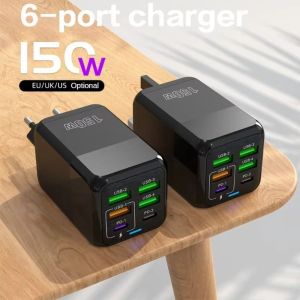 AKZDXE 6 Ports 150W Charger Plug EU/US/UK USB A+C Phone Charger Adapter Universal PD QC3.0 USB C Charger for iPhone/Xiaomi/Samsung